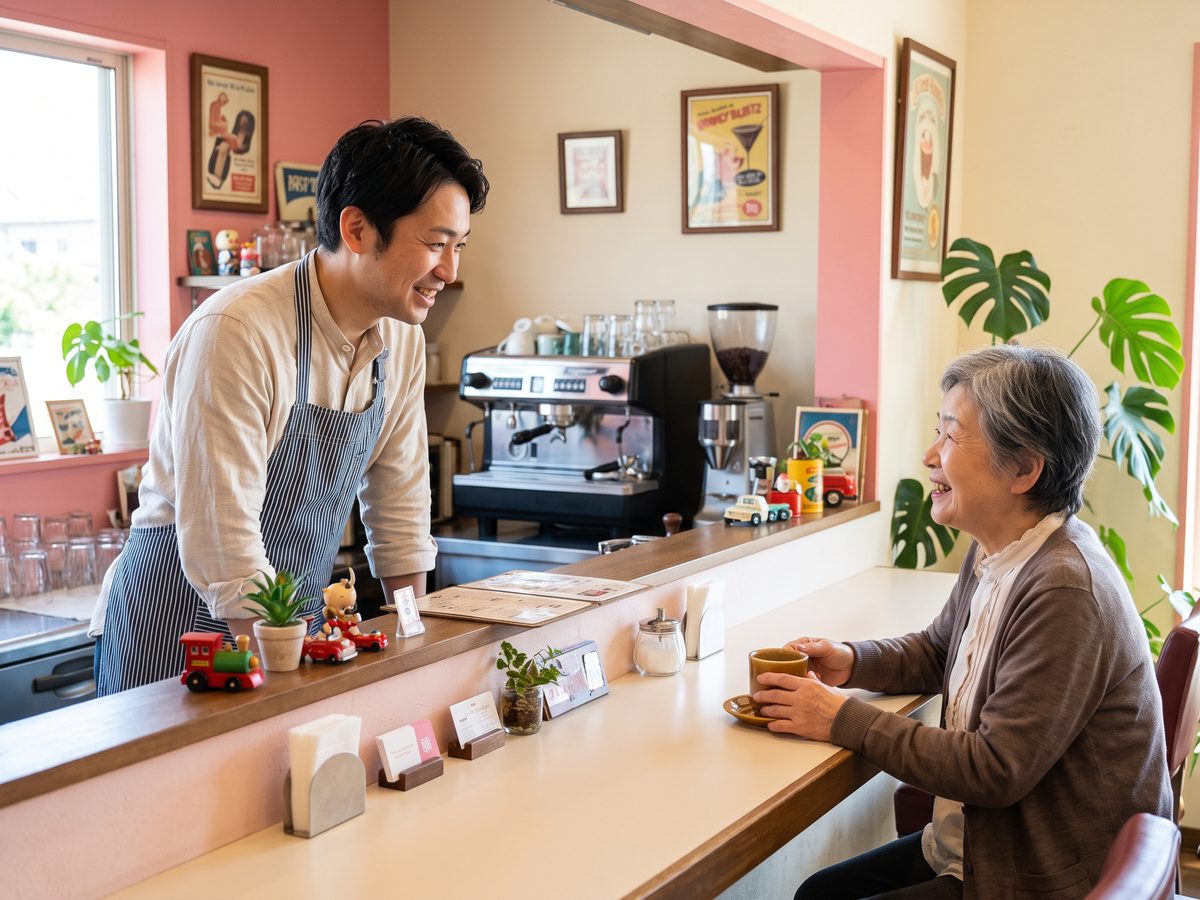 お店の人とお客さまが笑顔でおしゃべりする様子